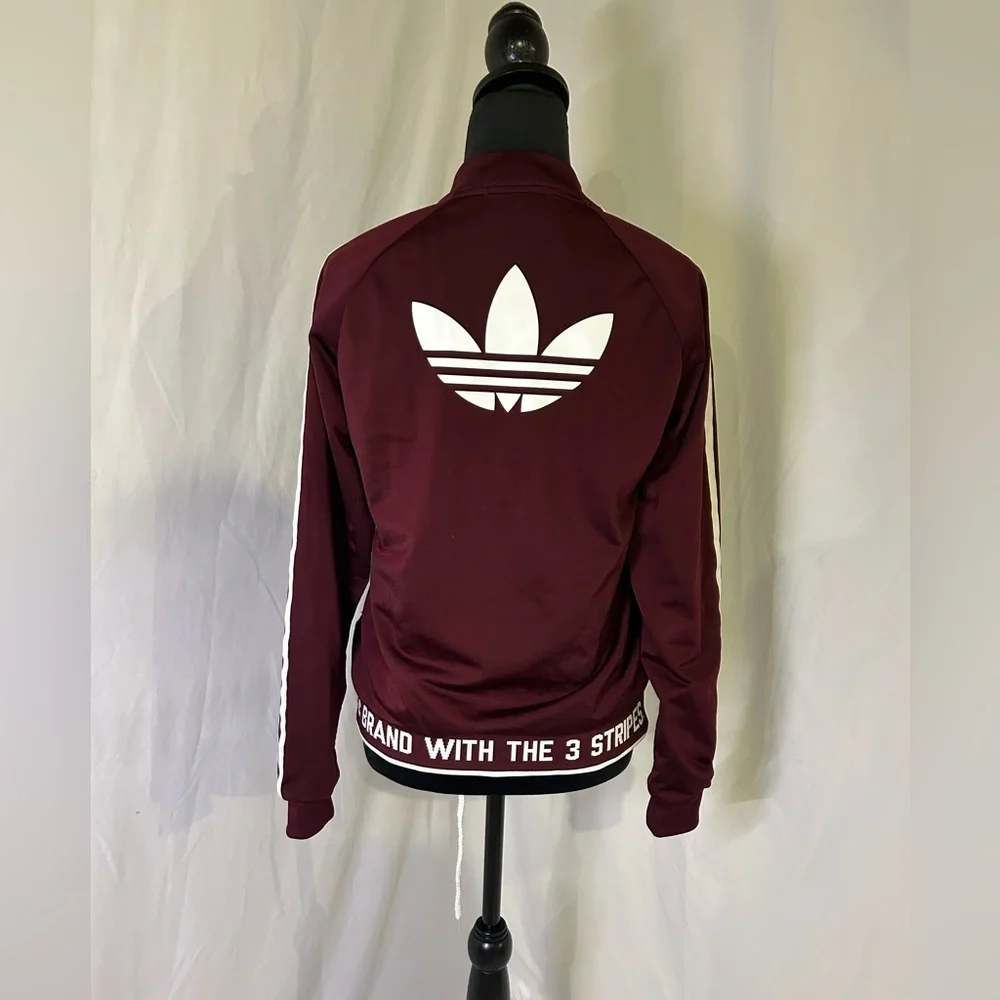 Adidas women’s Burgundy Track Jacket zip up three stripes - Picture 2 of 10